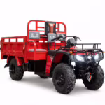 Red utility ATV with cargo bed and headlights on