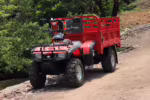 Red utility ATV with cargo bed on dirt road