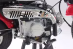 Motor de motocicleta com protetor térmico cromado e quadro vermelho.