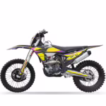 Moto de motocross YKF K1 NB300 com grafismos amarelos e roxos.