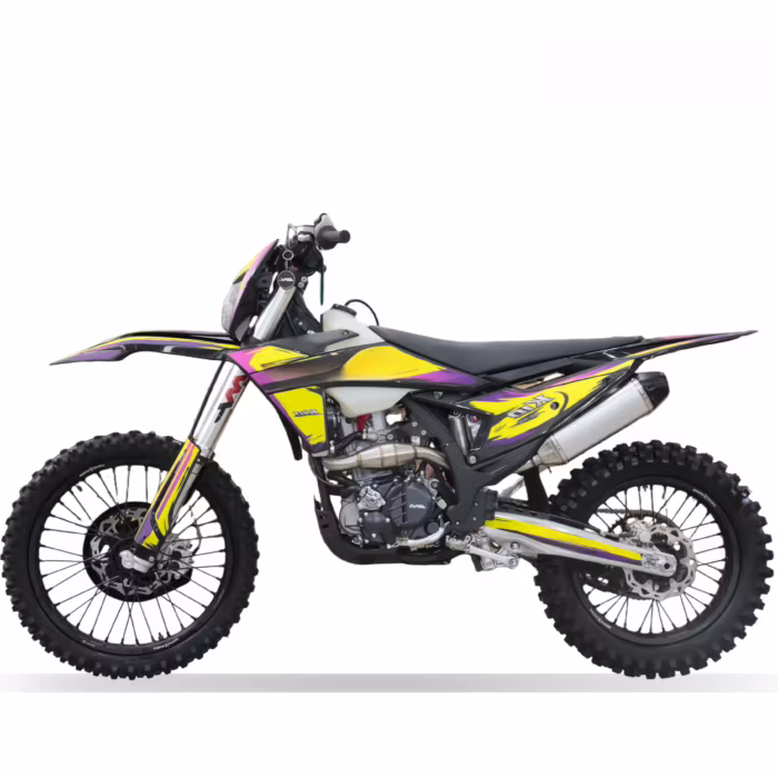 Moto de motocross YKF K1 NB300 com grafismos amarelos e roxos.