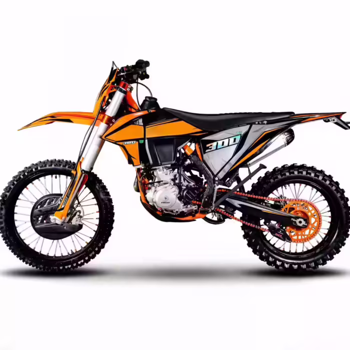 Moto de motocross YKF K1 NC300S laranja e preta, vista lateral.