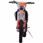 Orange and blue dirt bike front view