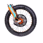 Dirt bike front wheel with knobby tire and disc brake