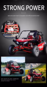 Buggy vermelho para dunas, equipado com motor potente.