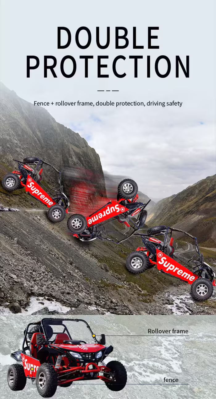 Kart off-road com estrutura de proteção dupla contra capotamento e cerca.