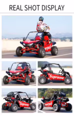 Kart off-road vermelho com piloto visto de vários ângulos.