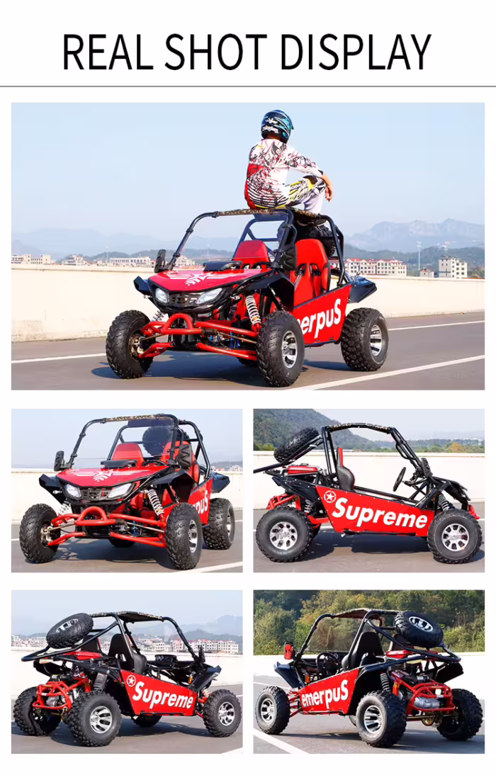 Kart off-road vermelho com piloto visto de vários ângulos.