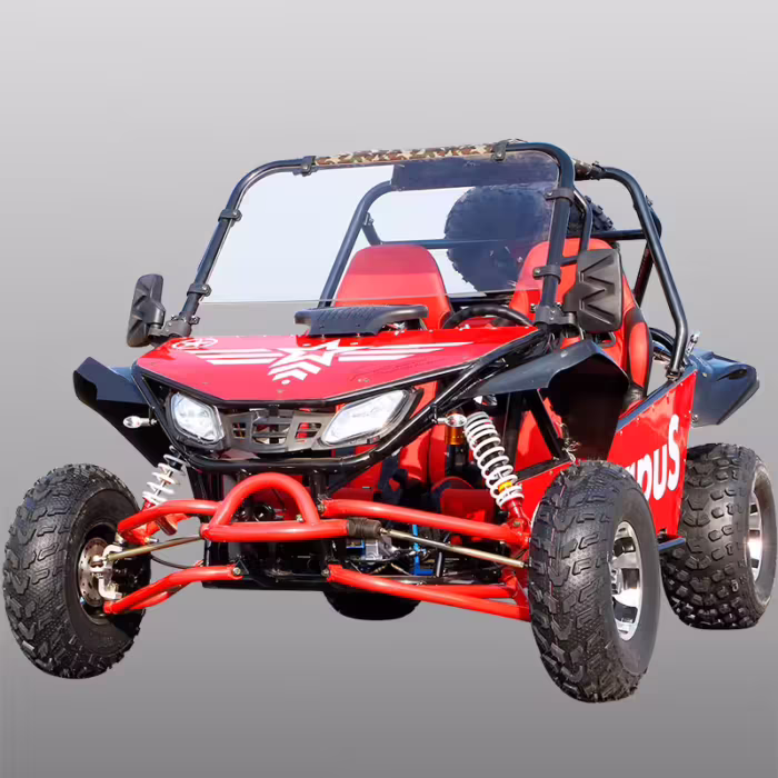 Buggy vermelho para dunas, com gaiola de proteção.