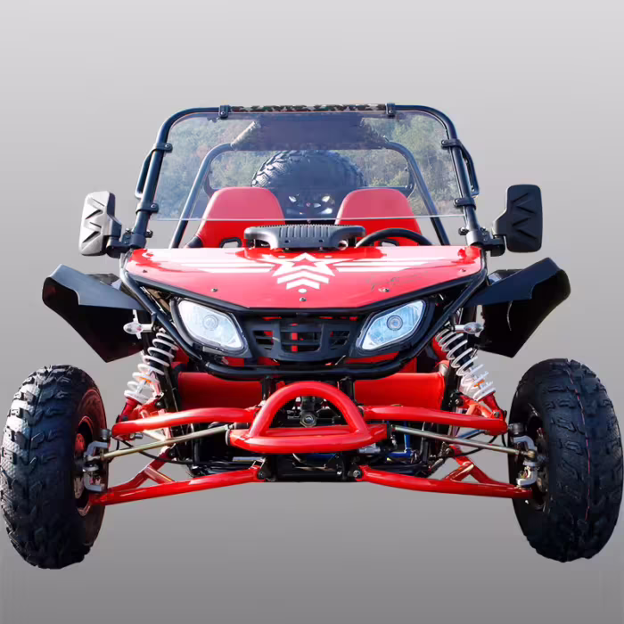 Vista frontal de um kart off-road vermelho