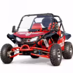 Red off-road go-kart with roll cage and headlights