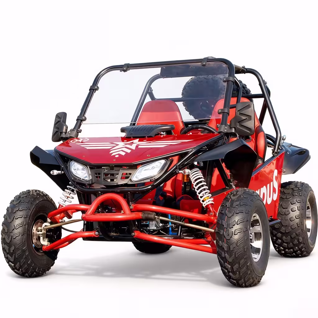 Red off-road go-kart with roll cage and headlights