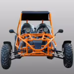 Kart off-road laranja com teto preto e dois assentos.