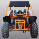 Vista traseira de um kart laranja com suspensão