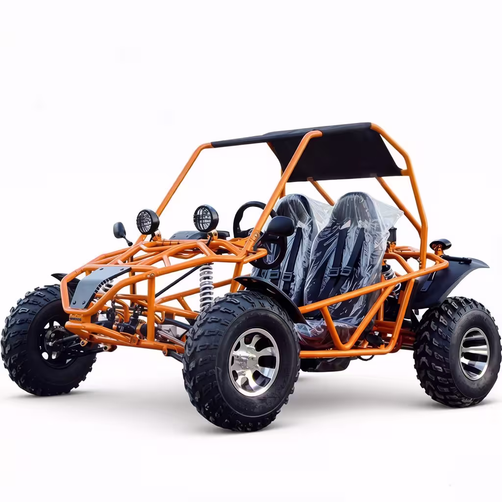 Orange off-road go-kart with roll cage and canopy