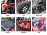 Colagem de peças de kart mostrando pedal, pneu, corrente, teto, porta e assento.