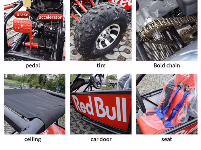 Collage de piezas de kart que muestra el pedal, el neumático, la cadena, el techo, la puerta y el asiento.