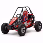 Red off-road go-kart with black roll cage