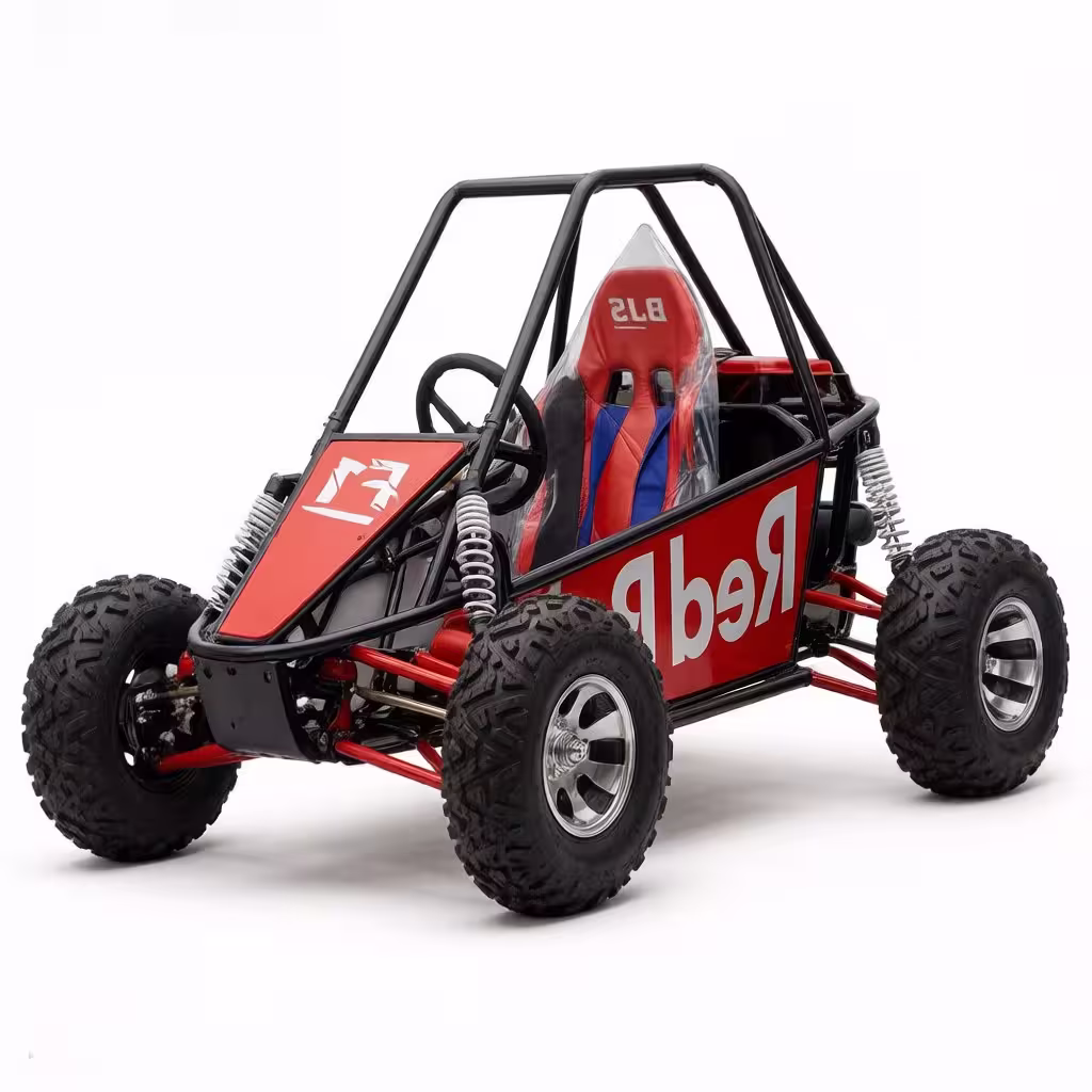 Red off-road go-kart with black roll cage