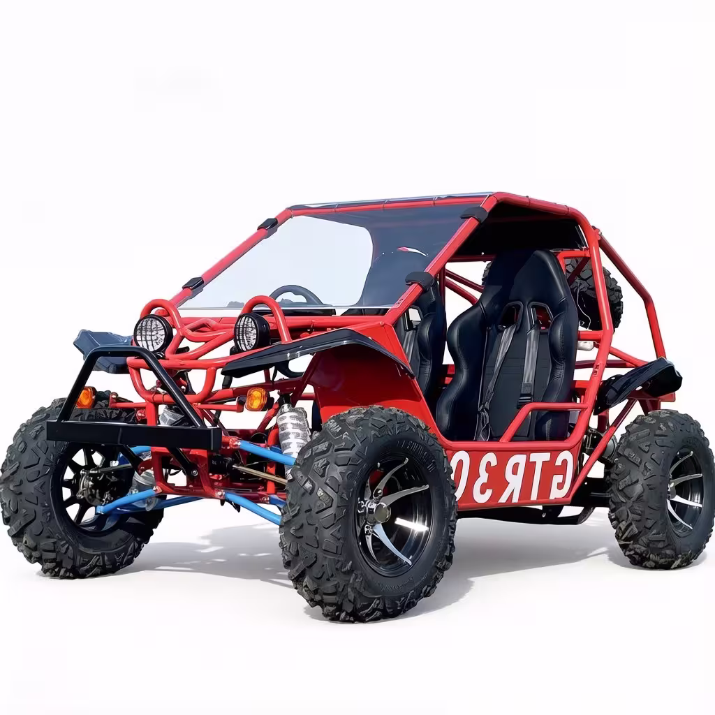Red off-road go-kart with roll cage and large tires