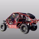 Red off-road dune buggy with roll cage