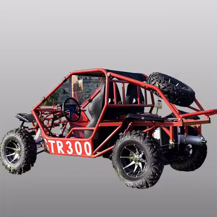 Buggy todoterreno rojo con jaula antivuelco