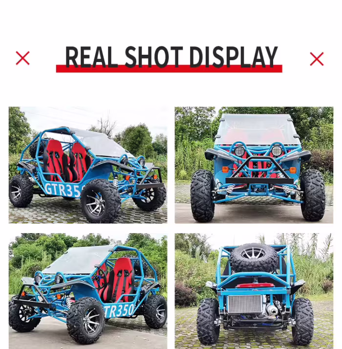 Buggy todoterreno azul GTR350 con pantalla de múltiples ángulos