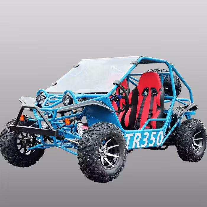 Buggy todoterreno TR350 azul con asientos rojos.