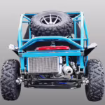 Rear view of blue off-road dune buggy with spare tire
