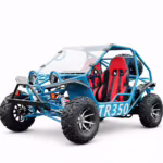 Blue off-road dune buggy with red seats