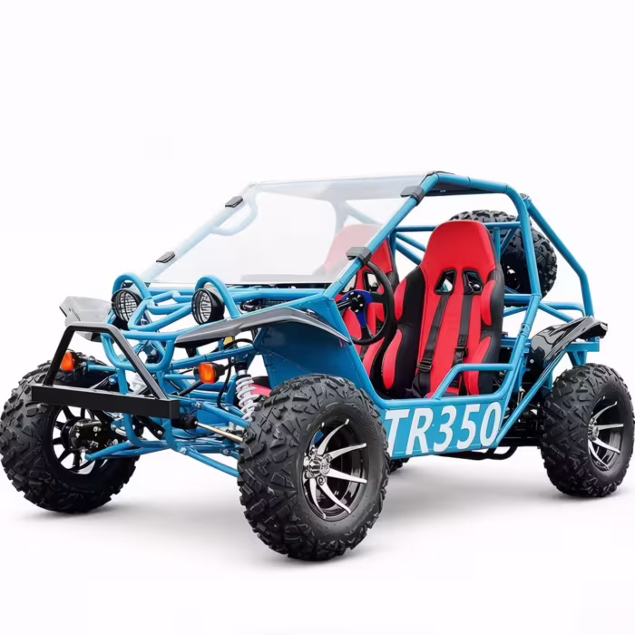 Dune buggy off-road azul con asientos rojos
