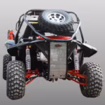 Rear view of off-road buggy with spare tire and suspension