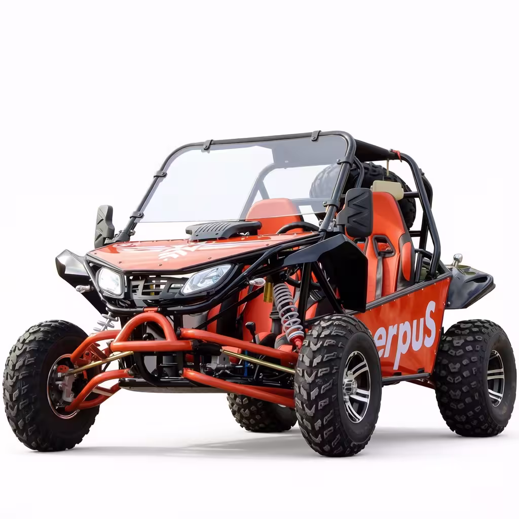 Orange off-road dune buggy with roll cage