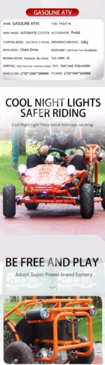 Orange gasoline go-kart with LED headlights and technical specifications