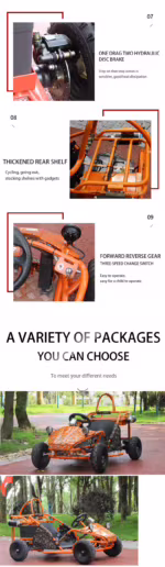 Orange go-kart features and package options showcase