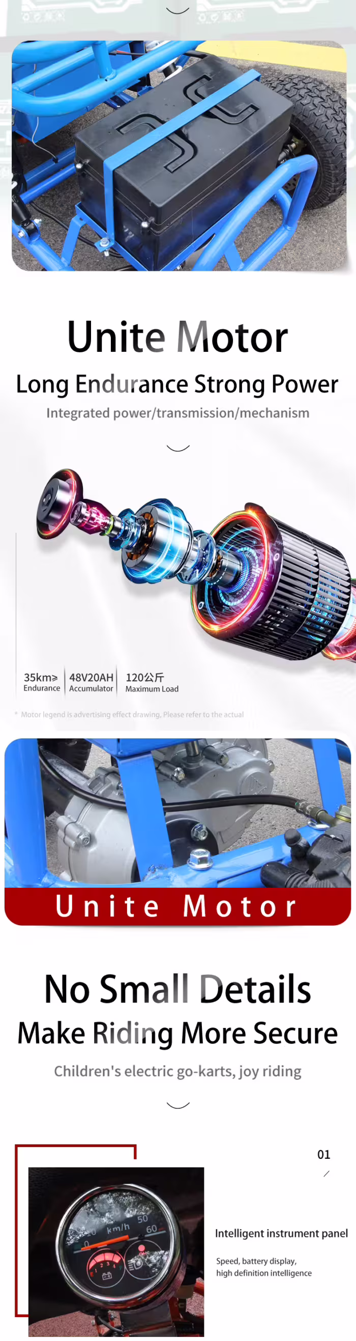 Detalles del motor y la batería del kart eléctrico infantil