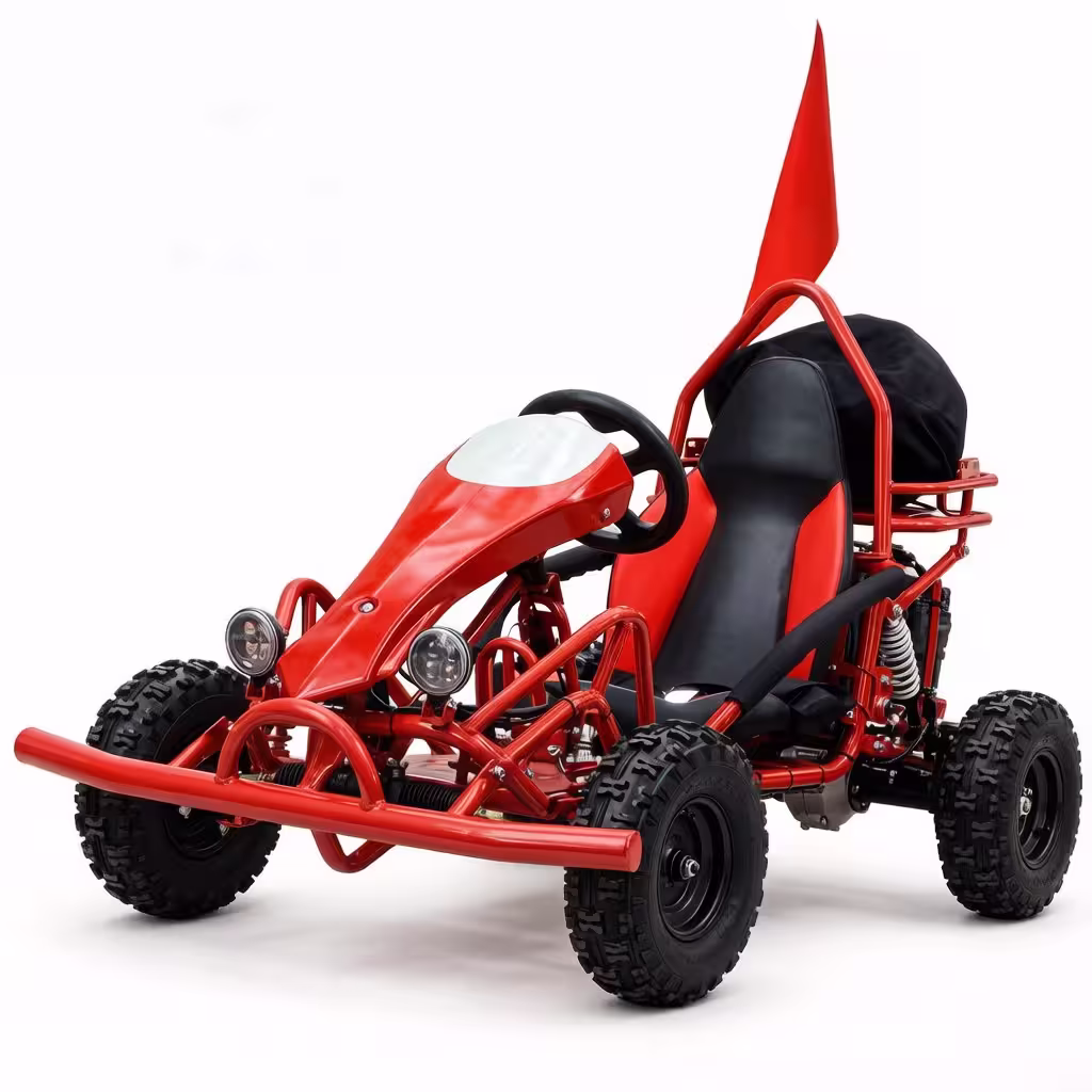 Red off-road go-kart with black seat and flag