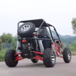 Vista traseira de um buggy off-road com pneu sobressalente.