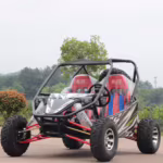 Buggy off-road com gaiola de proteção e assentos vermelhos.