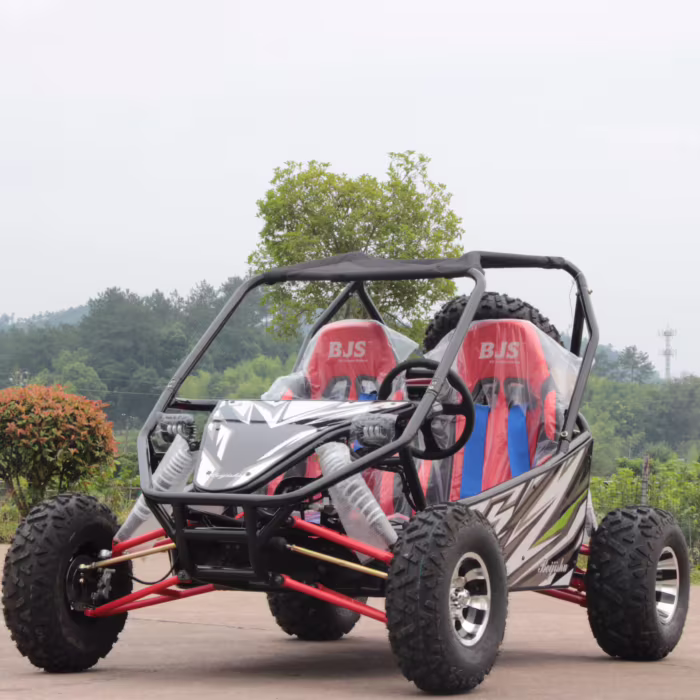 Buggy todoterreno con jaula antivuelco y asientos rojos.