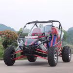 Buggy off-road com gaiola de proteção e pneus grandes.