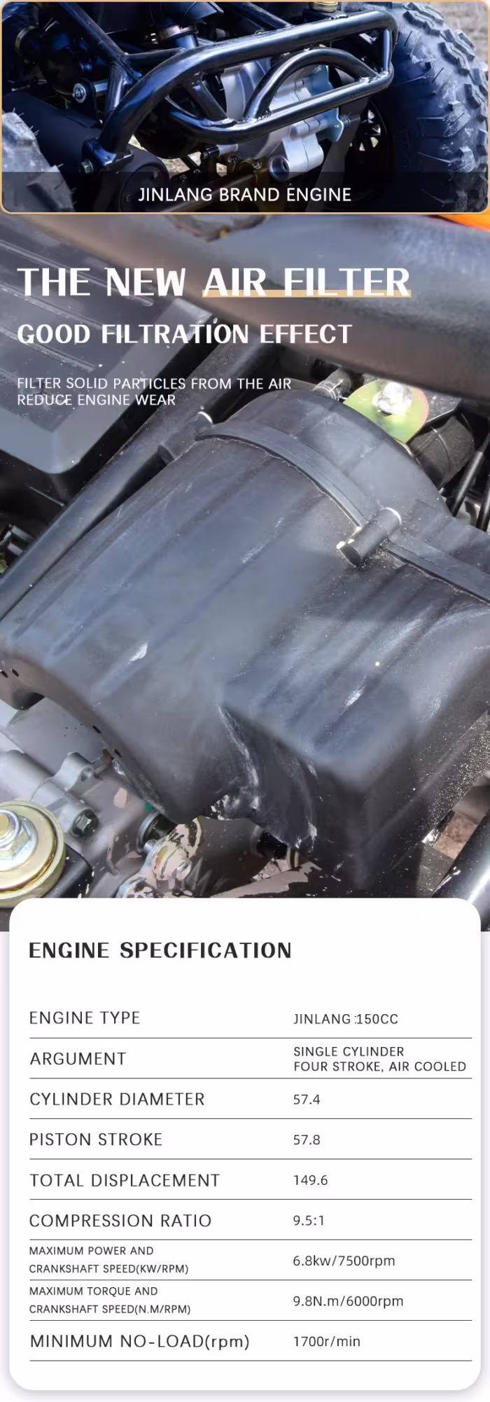 Motor Jinlang de 150 cc con filtro de aire y especificaciones.