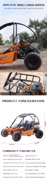 Orange off-road go-kart with cargo hopper and specifications