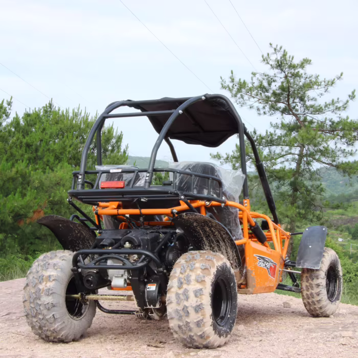 Vista trasera de un buggy todoterreno naranja.