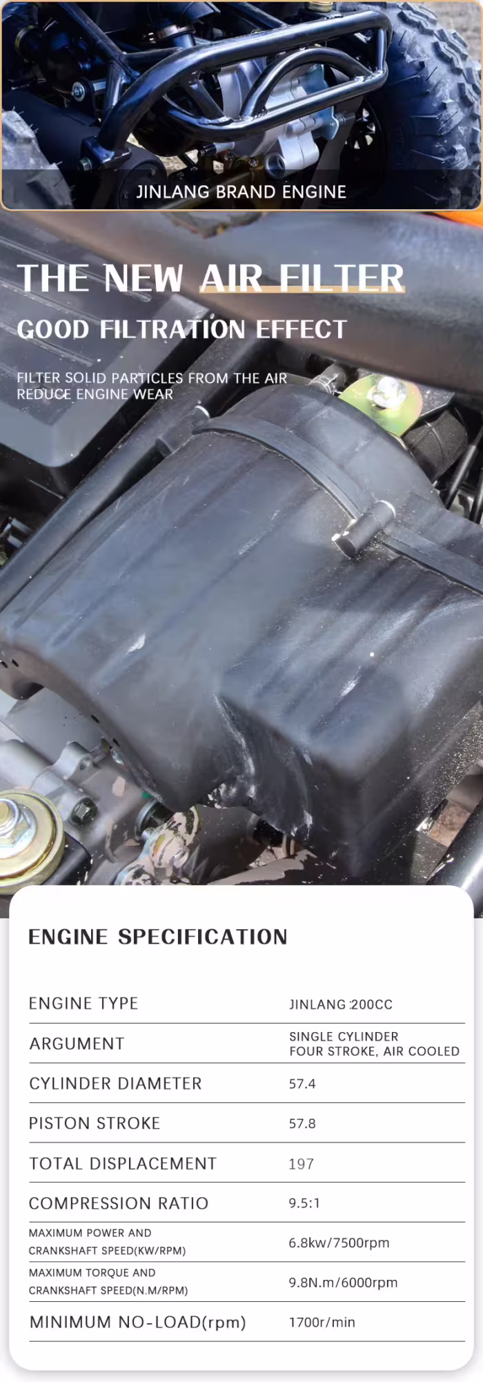 Motor Jinlang de 200 cc con filtro de aire y especificaciones.