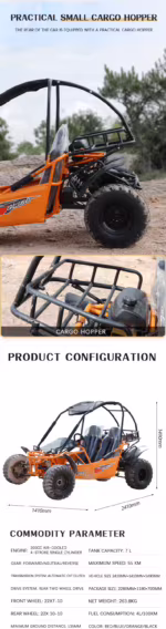 Orange off-road go-kart with cargo hopper and roll cage