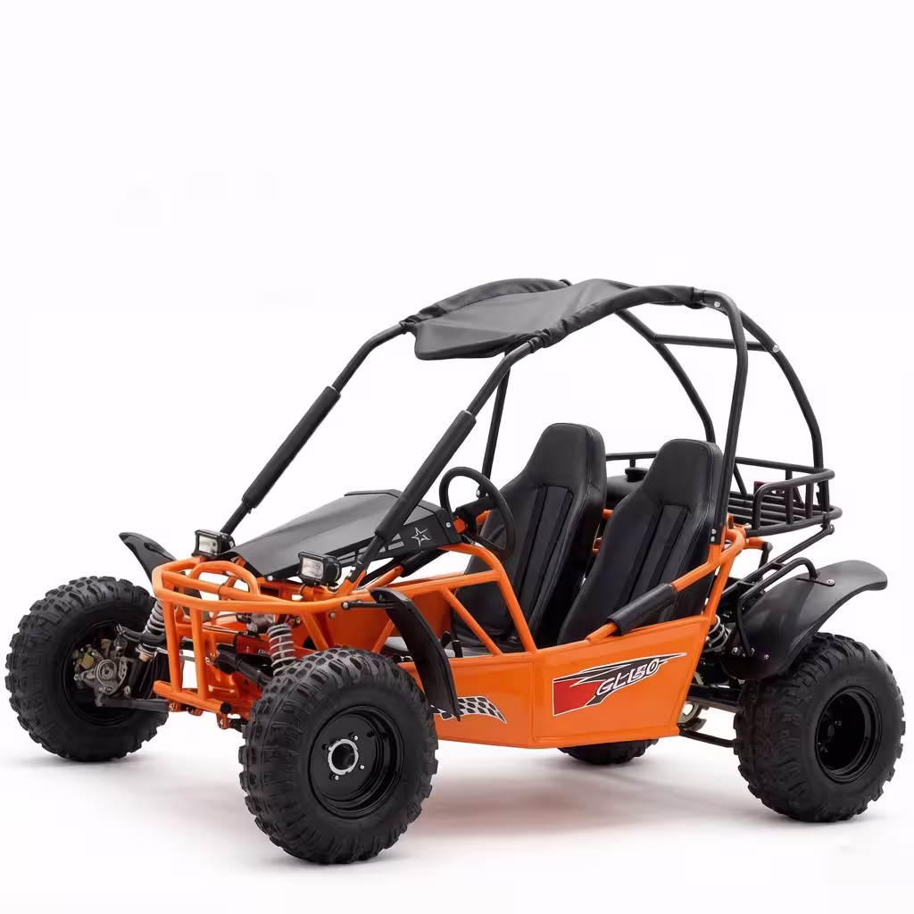Orange off-road go kart with black seats and roll cage