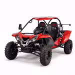 Red off-road go-kart with roll cage and two seats