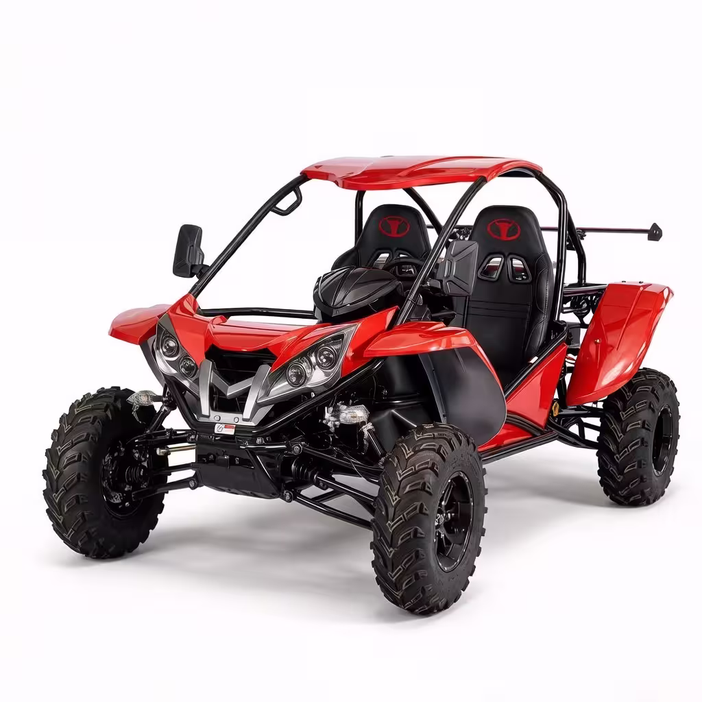 Red off-road go-kart with roll cage and two seats