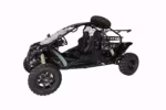 Black off-road dune buggy with roll cage and spare tire